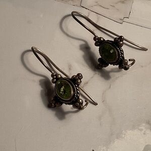 Vintage Green Stone Dangle Earrings – Antique Style – Boho Jewelry